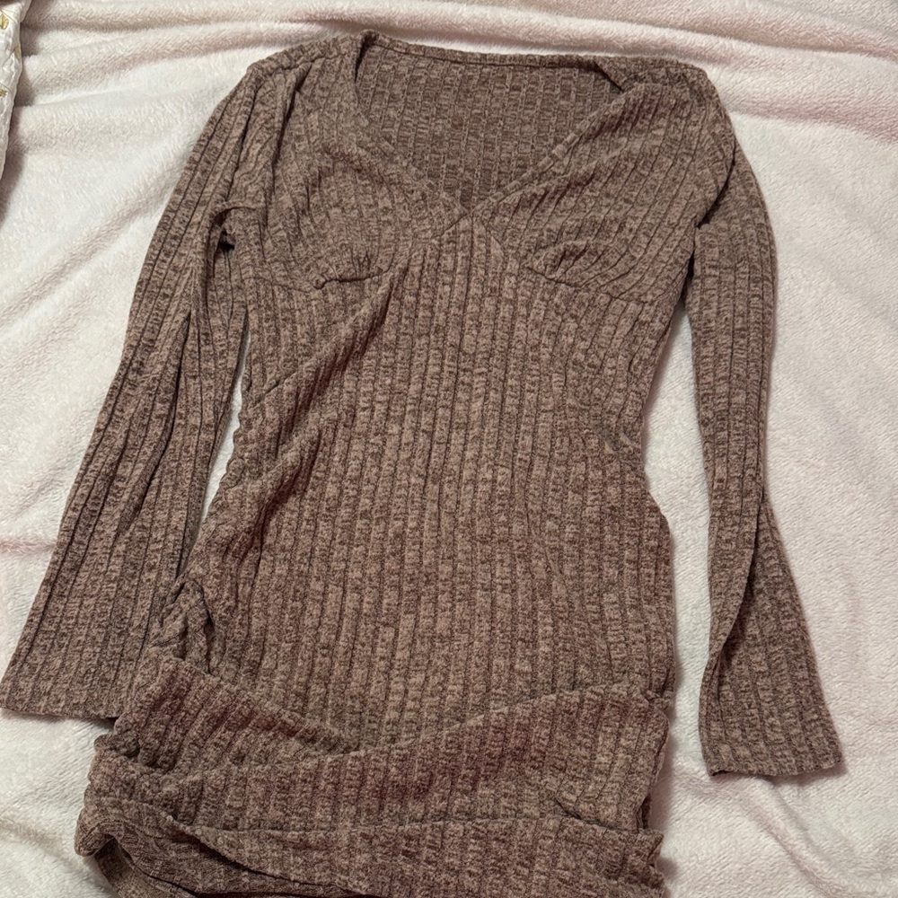 Brown Ribbed Knit Dress